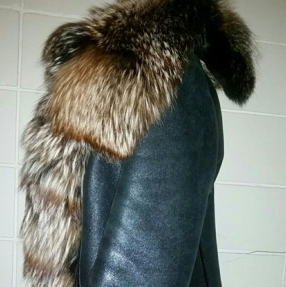 😍🥰 METALLIC MERINO LEATHER SHEARLING FOX FUR COAT - Picture 4 of 8